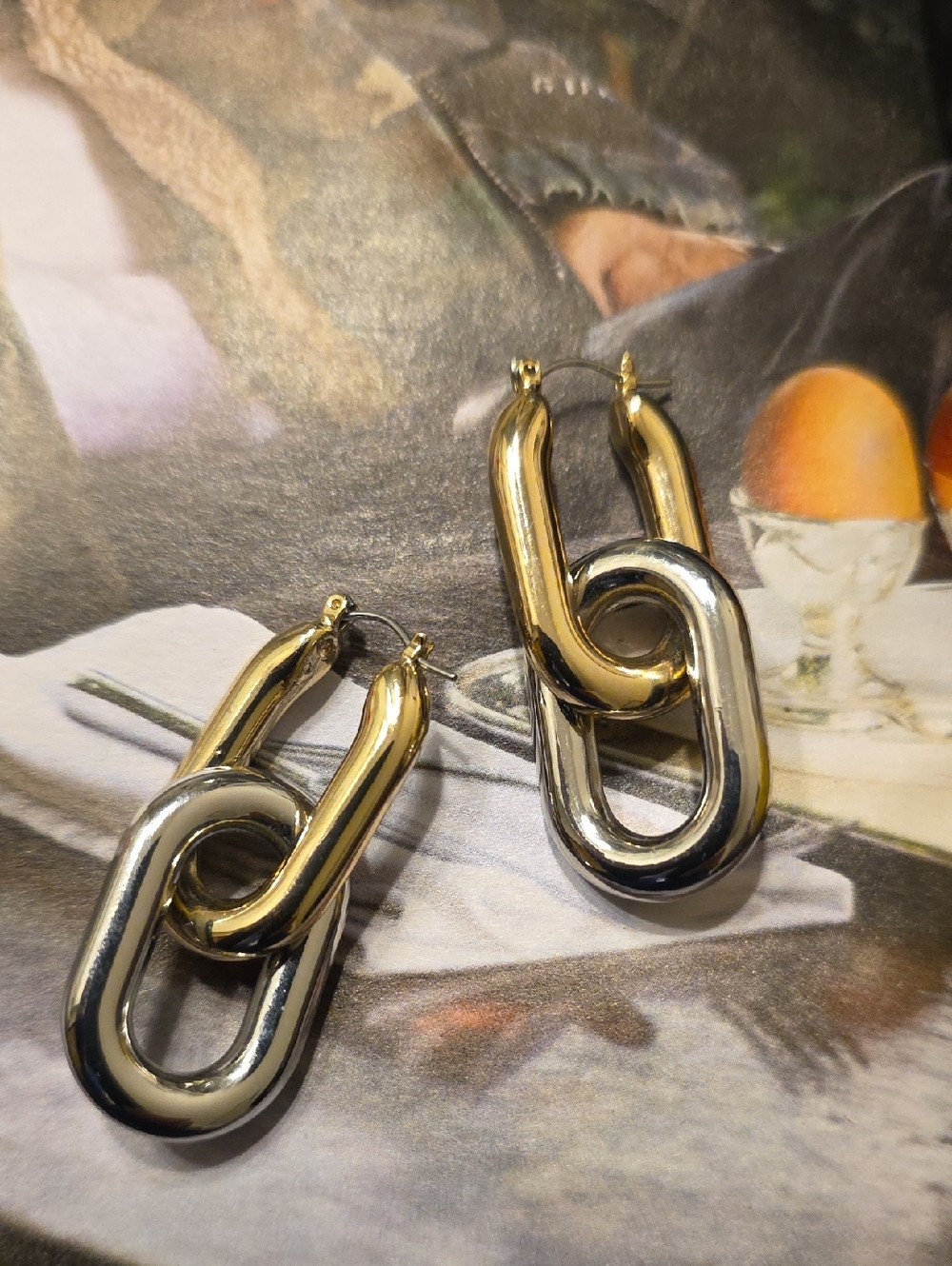 Two-Tone Gold and Silver Link Drop Earrings - Women Jewelry